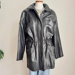Vintage Black Leather Jacket Cinch Waist High Neck Funnel Medium